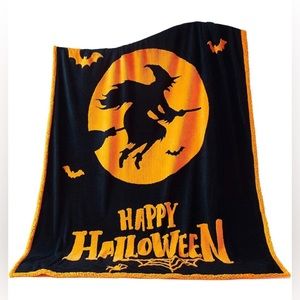Halloween Witch Blanket Black & Burnt Orange Soft Sherpa Throw NEW